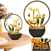 KGOTA Tiered Lotus Leaf Flowing Water Fountain with Natural Rocks & LED Ring Light Water Circulating Fountain USB Powered for Office Living Room Decor