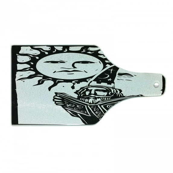 Fantasy Cutting Board, Wizard Reading Magic Book Beneath the Sun with Face Image, Decorative Tempered Glass Cutting and Serving Board, Wine Bottle Shape, White Black, by Ambesonne