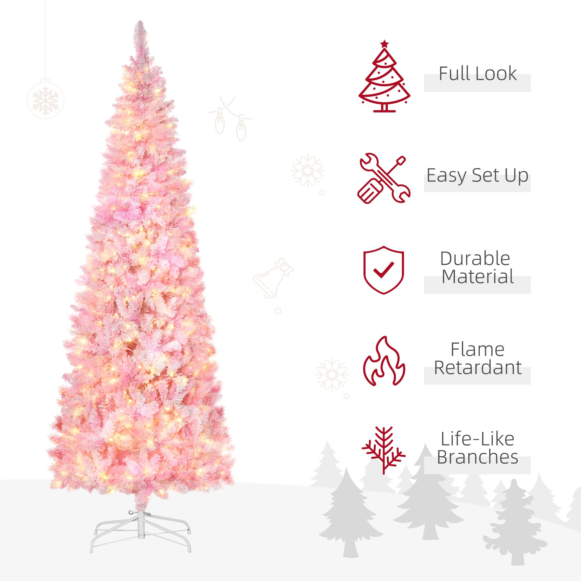 7.5 ft Pre-Lit Artificial Christmas Tree with 350 Warm White LED Lights and 700 Tips, Pencil Design for Small Spaces and Entryways