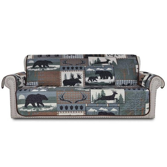 De Leon Collections Woodland Bear Patchwork Plaid Nature Wild Animal Bear Moose Sofa & Couch Furniture Slipcover