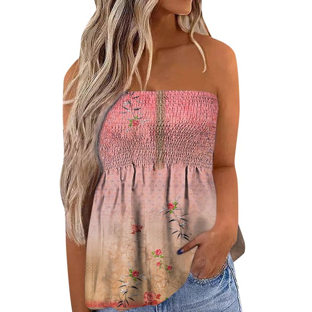 Gibobby Camiseta de tirantes sin mangas con estampado floral para mujer, cintura elástica plisada, sin espalda(Rosa,M)