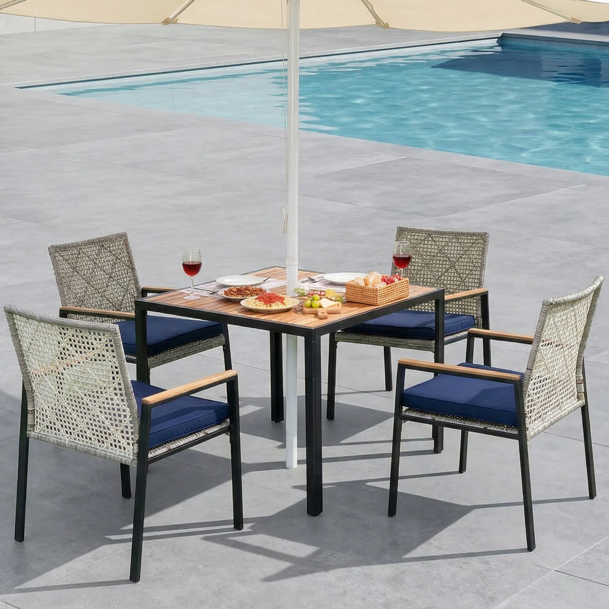 Leumius 5 Piece Patio Dining Set,All Weather Outdoor Dining Table Set with 4 Cushion Chairs,Patio Conversation Set with Acacia Wood Table Top and Umbrella Hole,Light Gray