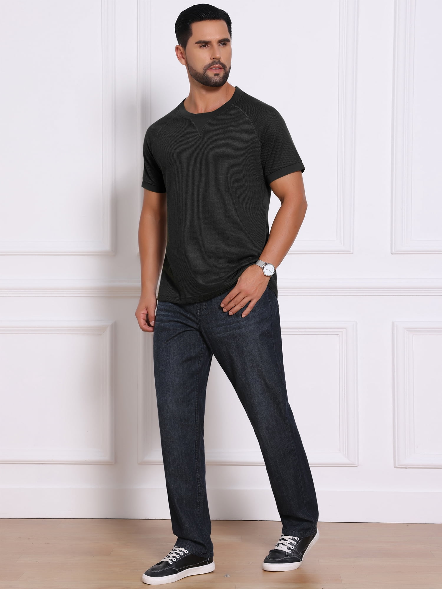 DARING DIVA Men's Waffle Fabric Classic Crew Neck Raglan Short Sleeves 2XL Black
