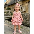 thumbnail image 5 of BemeyourBBs Newborn Baby Girl Smocked Romper Dress Summer Outfit Strap Sleeveless Square Neck Daisy Cherry Print Layered Ruffled Dress and Bow Headband 2Pcs Clothes Set, 5 of 9