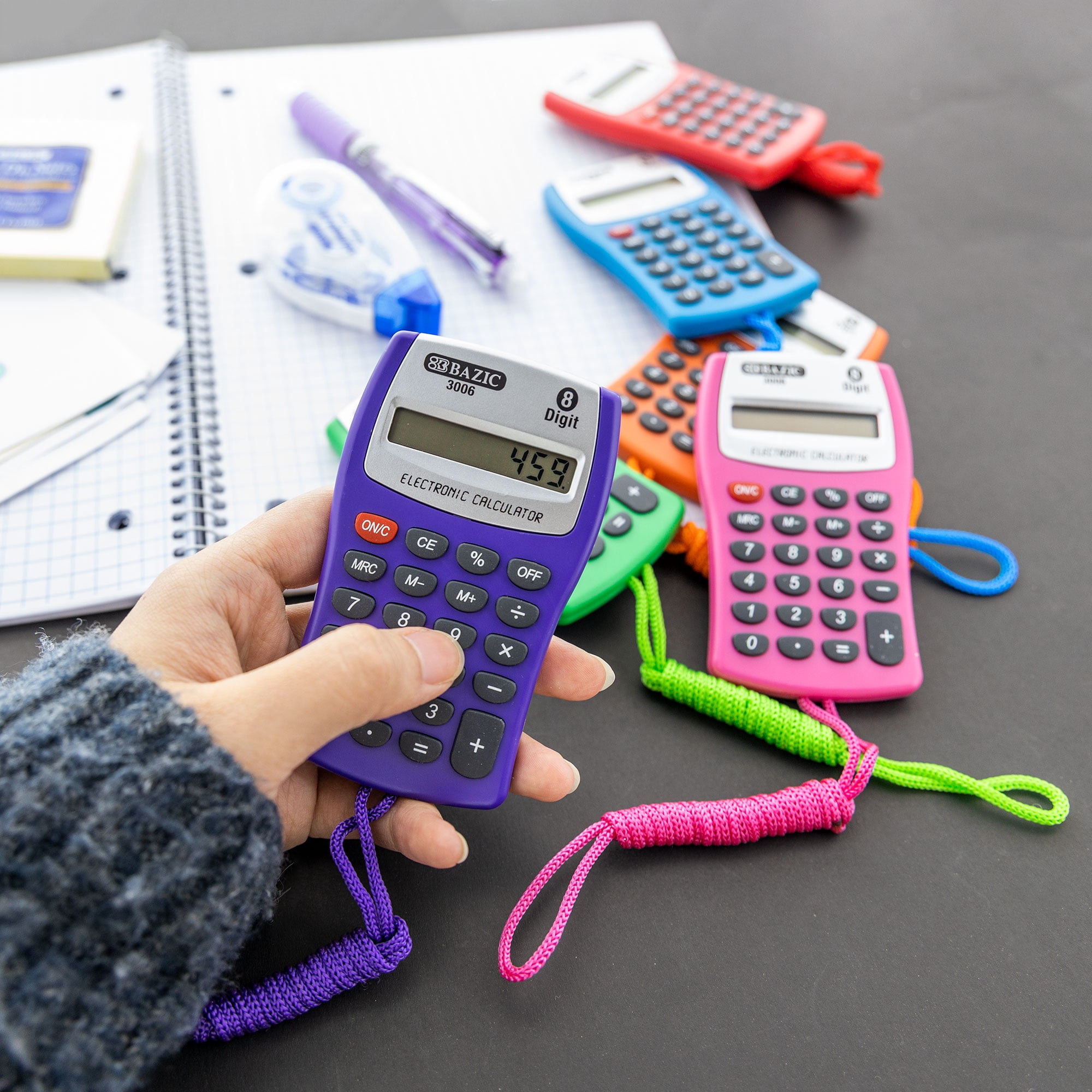 BAZIC Pocket Size Calculator 8-Digit Neck String, LCD Display, 24-Pack