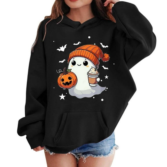 Byoo Halloween Hoodie for Girls Cute Cartoon Ghost Print Soft Pullover Hooded Sweatshirt