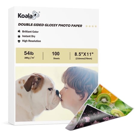 Koala Premium Double Sided Glossy Photo Paper 8.5X11 54lb Picture Paper for Inkjet Printers with Dye Ink , 100 Sheets 200gsm 11Mil, Work with Epson, HP, Canon