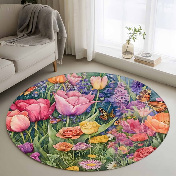 Round Rugs 4Ft, Red Yellow Floral Round Area Rug Washable Indoor Throw Carpet, Spring Lavender Leaves Botanical Pastoral Soft Non Slip Circle Rug for Kitchen Nursery Room Home Decor Aesthetic