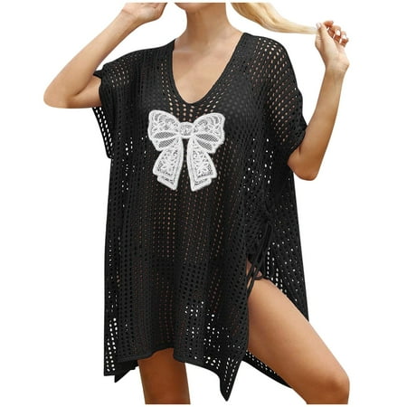NaWent Reduced Cover Ups for Swimwear Women New Solid Color Bow Cutout Strap Beach Bikini Smock Black Free Size