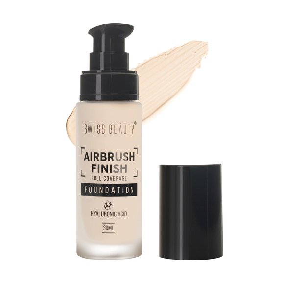 SWISS BEAUTY Airbrush Finish Lightweight Foundation | Full Coverage Blendable Foundation For Face Makeup |With Benefits Of Hyaluronic Acid, Aloevera And Vitamin E | 30Ml | Shade- Shell White