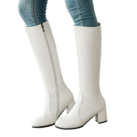 

Cowboy Boots for Women Women s Autumn And Winter New Round Thick Heel Leather Side Zipper Middle Boots