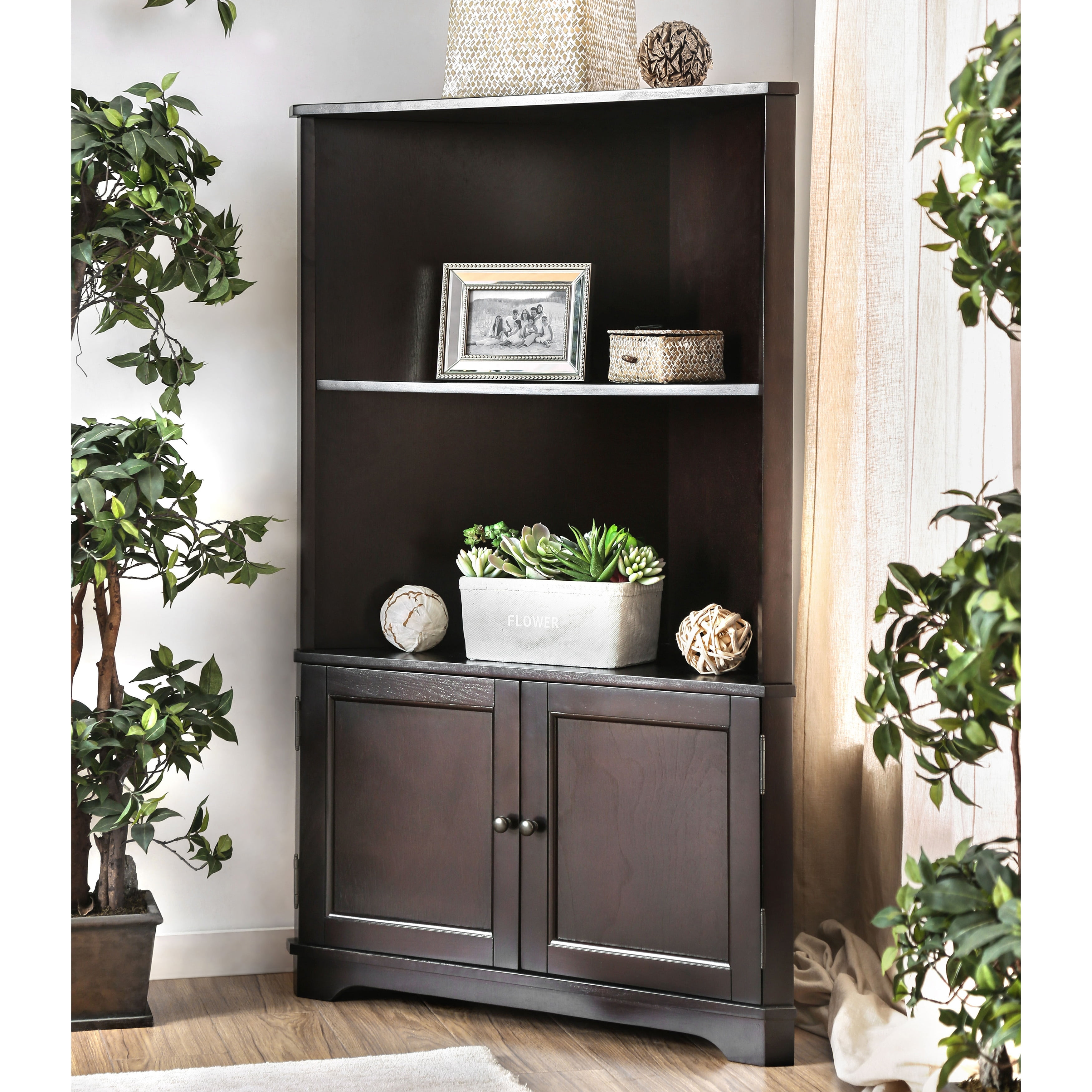 Furniture of America Varl Contemporary Solid Wood Corner Bookshelf