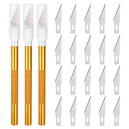 Uxcell 3pcs Exacto Art Craft Hobby Precision Utility Knife Set with 20pcs Extra #11 Blades for Carving Crafting Stencil Shiny Gold