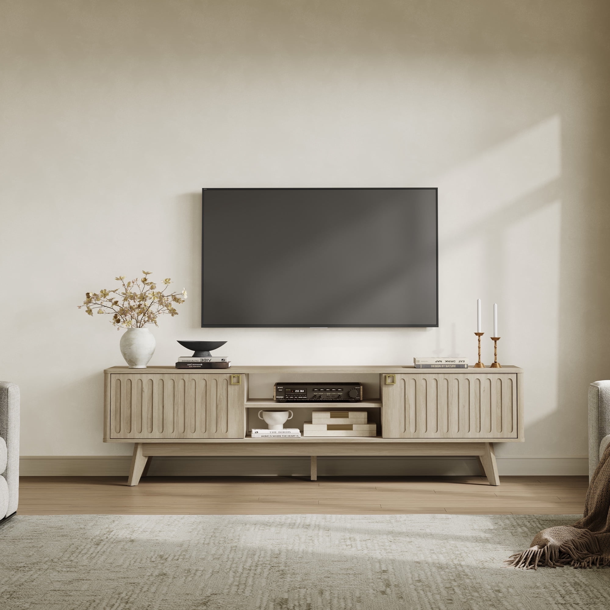 SICOTAS 70.1" Extra Long Modern TV Stand, Minimalist Console Table with 2 Fluted Doors, 3-Tier Storage Shelves, Long Entertainment Center for Living Room, Rustic Oak