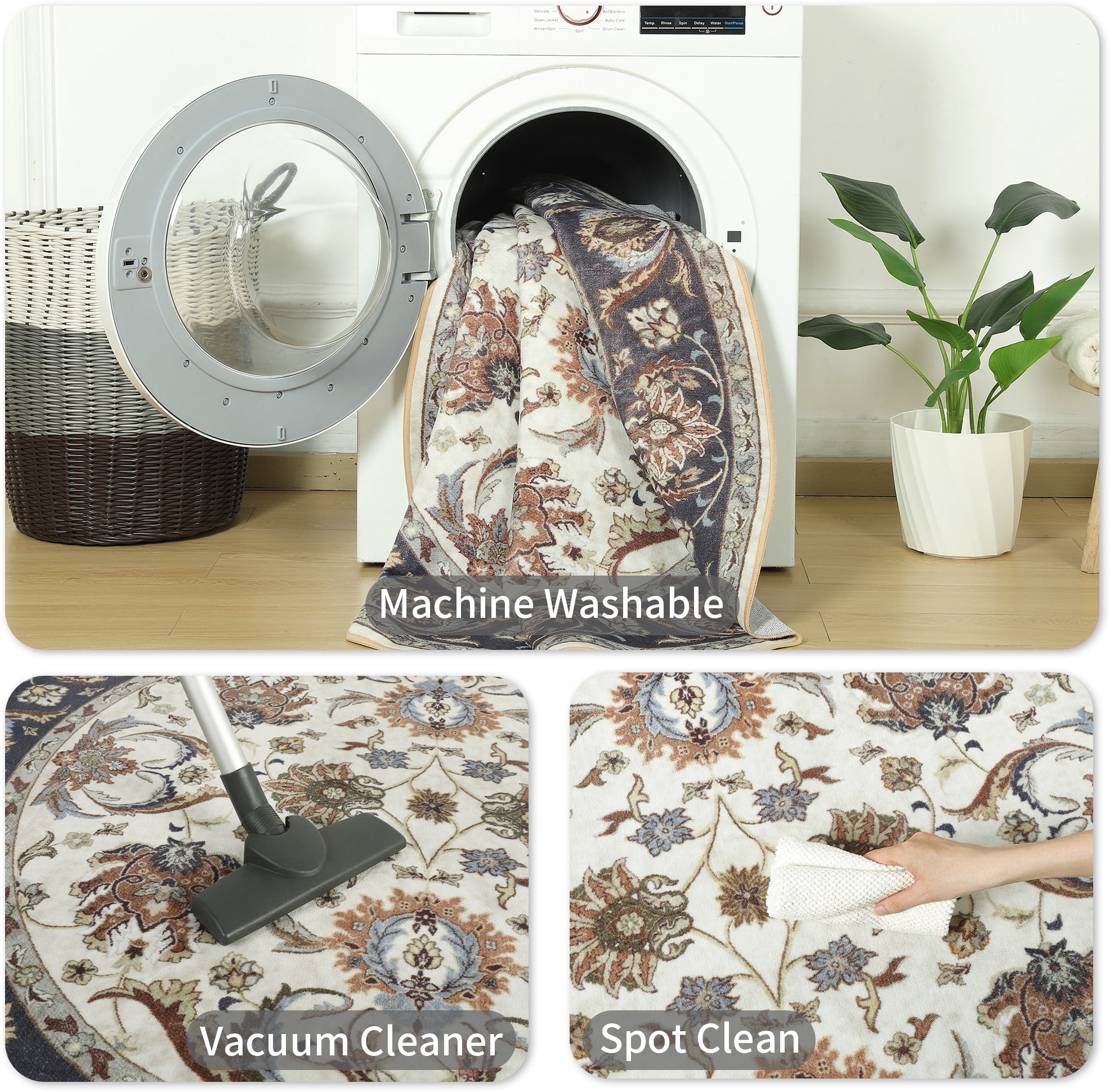 Noahas 5 ft Round Rugs for Living Room Bedroom Rug Circle Area Rug for Dining Room Table Throw Neutral Vintage Circular Rugs Washable Soft Comfortable Blue & White