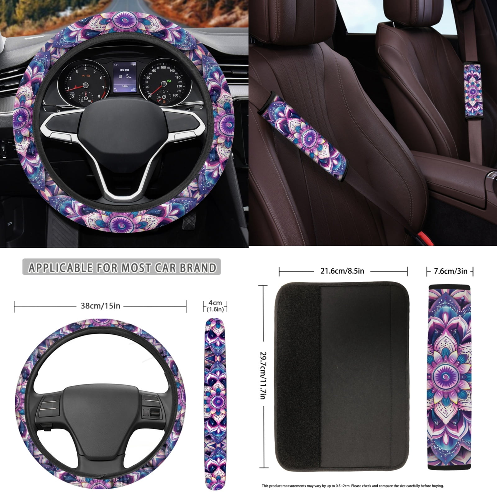 Yuyamidu 15 Pack Boho Flower Blossom Car Seat Cover Set with Carpet Mats Purple Steering Wheel Cover Seat Belt Strap Cover Coaster Gear Shift Knob Cover Set Fit SUV Sedan