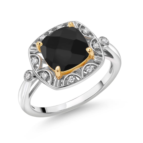 Gem Stone King 925 Sterling Silver and 10k Yellow Gold Black Onyx and White Lab Grown Diamond Engagement Ring for Women (2.18 Cttw, Cushion Checkerboard Cut 8MM, Size 6)