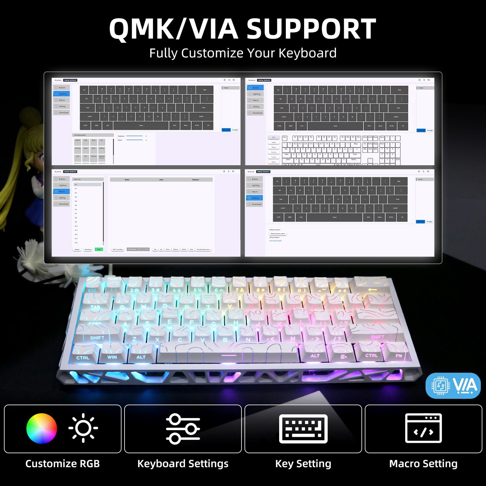 61 Keys Mechanical Keyboard, 60% Layout, Hollow Shell in 6 Colors, RGB Backlit, Full N-Key Rollover, Hot-Swappable Linear Red Switch, Backlit PBT Keycaps