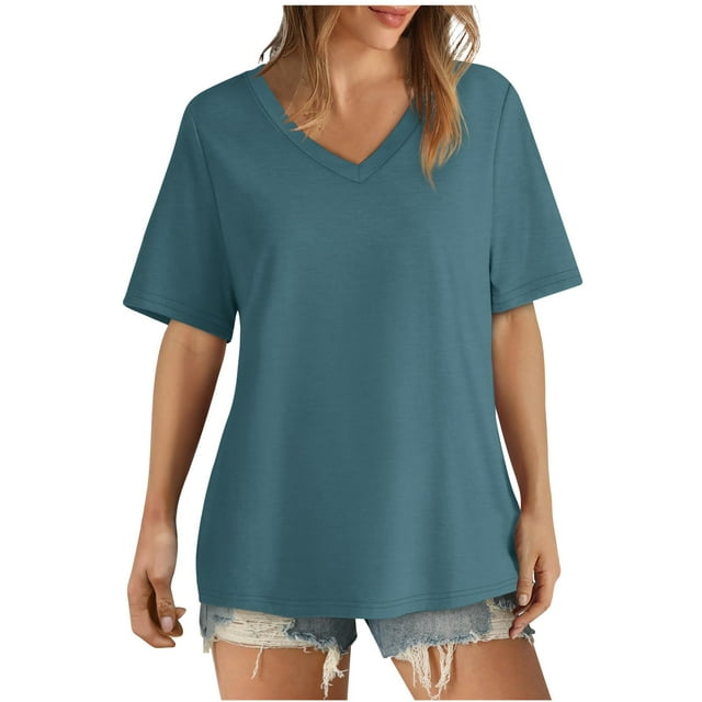 FAIWAD Women's V Neck T-Shirts Casual Short Sleeve Summer Basic Tops Plus Size Loose Pullover Blouses