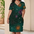 thumbnail image 3 of Dark Teal Floral Celestial Pattern Women's Loose Short Sleeve Dress Casual Summer Plus Size Long Dresses with Pockets, 3 of 5