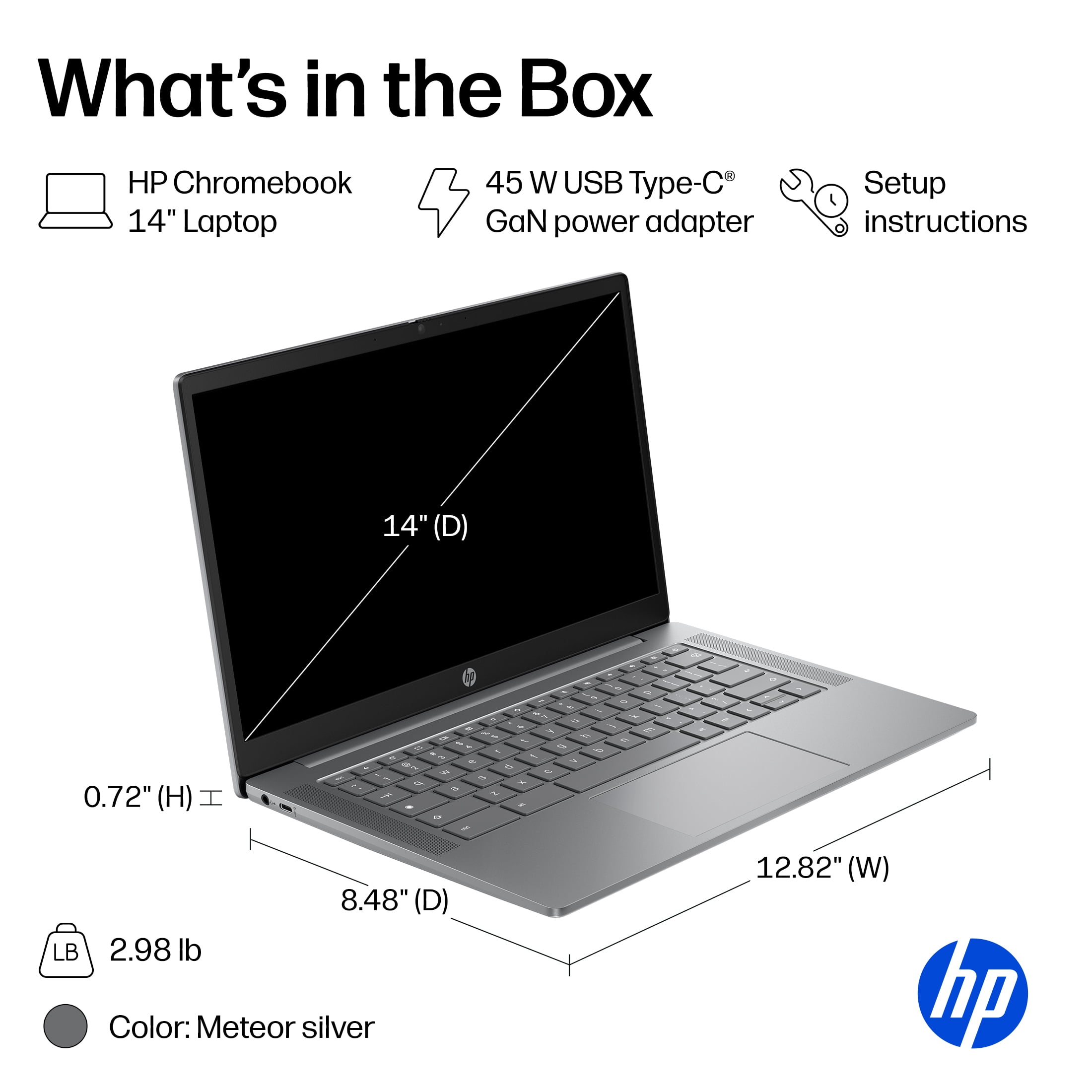 HP Chromebook 14 Laptop PC HD Chrome OS MediaTek Kompanio 540 4GB RAM 128GB UFS Meteor Silver Gemini