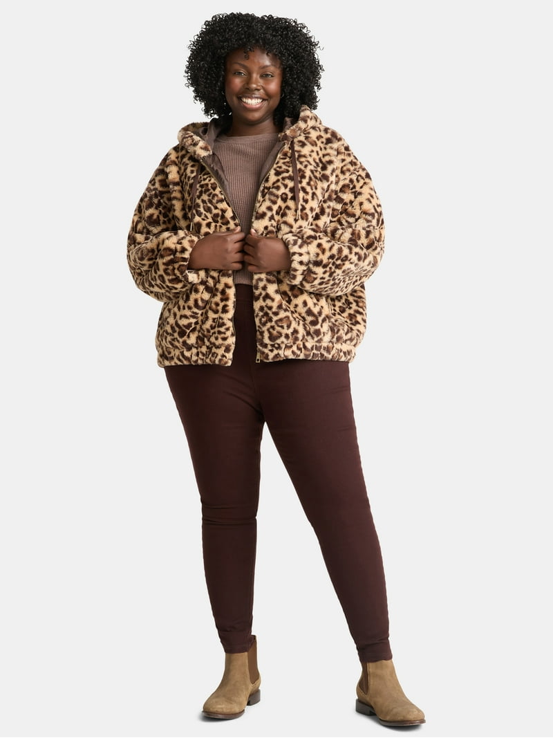 Time and Tru Women's and Women's Plus Faux Fur Hoodie Jacket