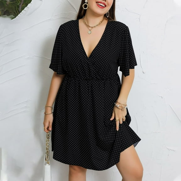 OKBOP Mermaid Dresses for Women Women Plus Size Summer Casual Short Sleeve V Neck Printed Sleeve Dresses Loose Dress Sundresses Dress Black L(8)