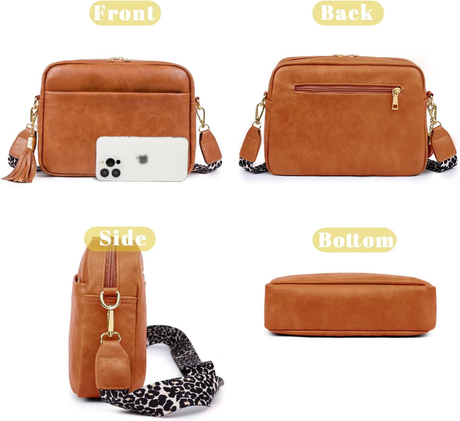 Crossbody Bag for Women Vegan Leather Shoulder Purse with Leopard Adjustable Strap Midsize Zipped Handbag