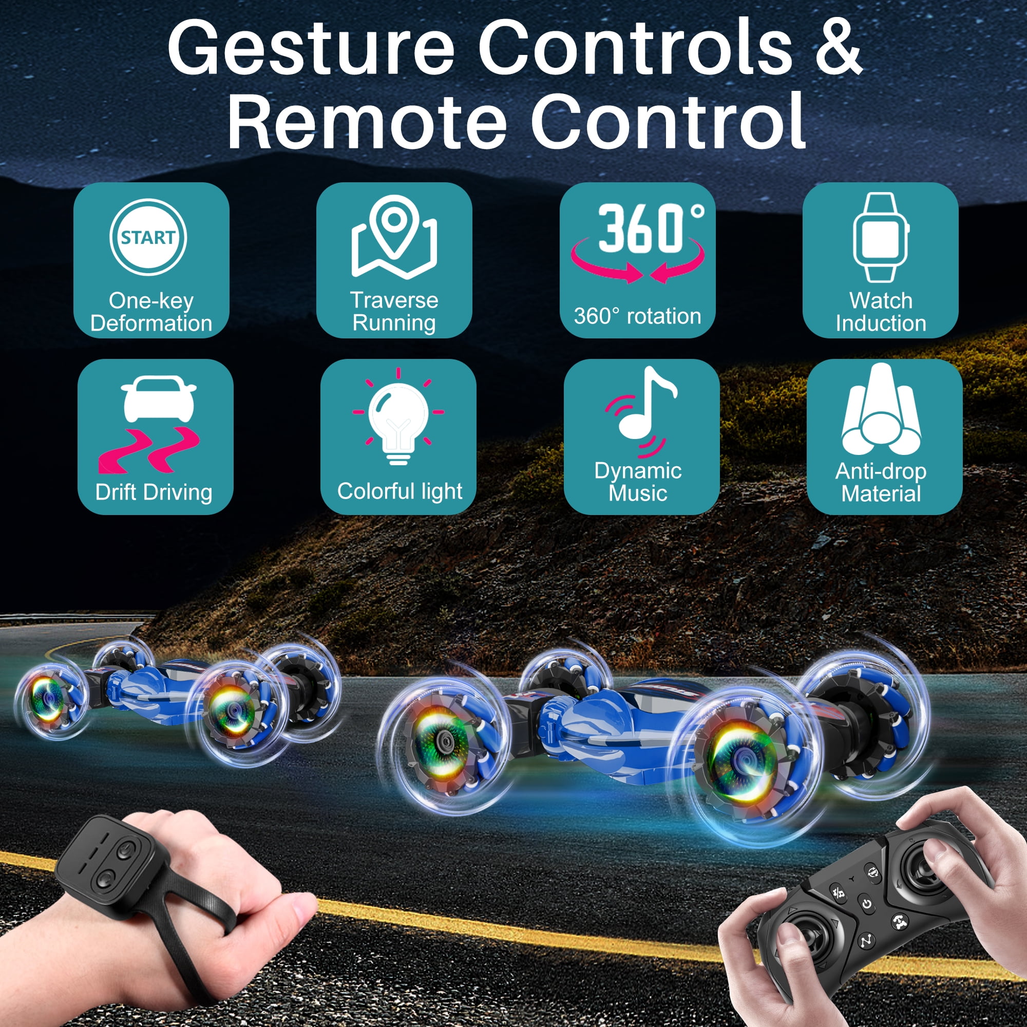 Remote Control Cars RC Stunt Car Toys for 8-12 Year Old Boys, UUGEE 2.4Ghz 1:14 4WD Gesture Sensing Transform Drift Car with Light & Music, Christmas Birthday Gifts for Kids- Blue