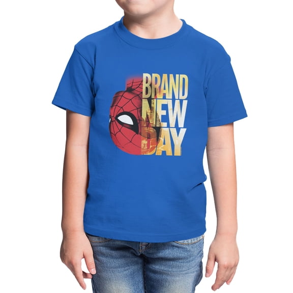Marvel Spider-Man Brand New Day Youth Spidey Upside Down Logo T-Shirt (Royal, XS-XL)
