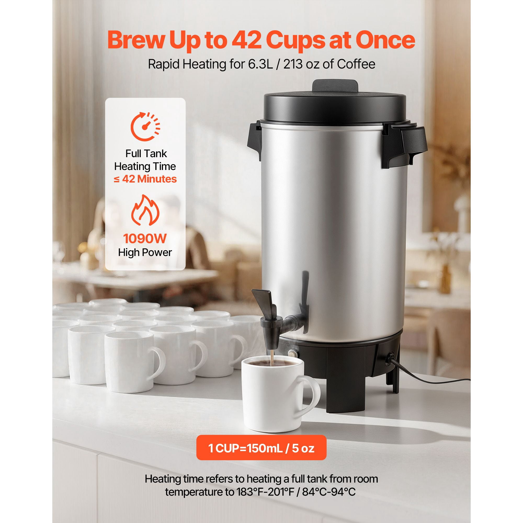 Commercial Coffee Urn 6L/203oz 40 Cups 1090W with Reusable Filter for Restaurant Office Banquet