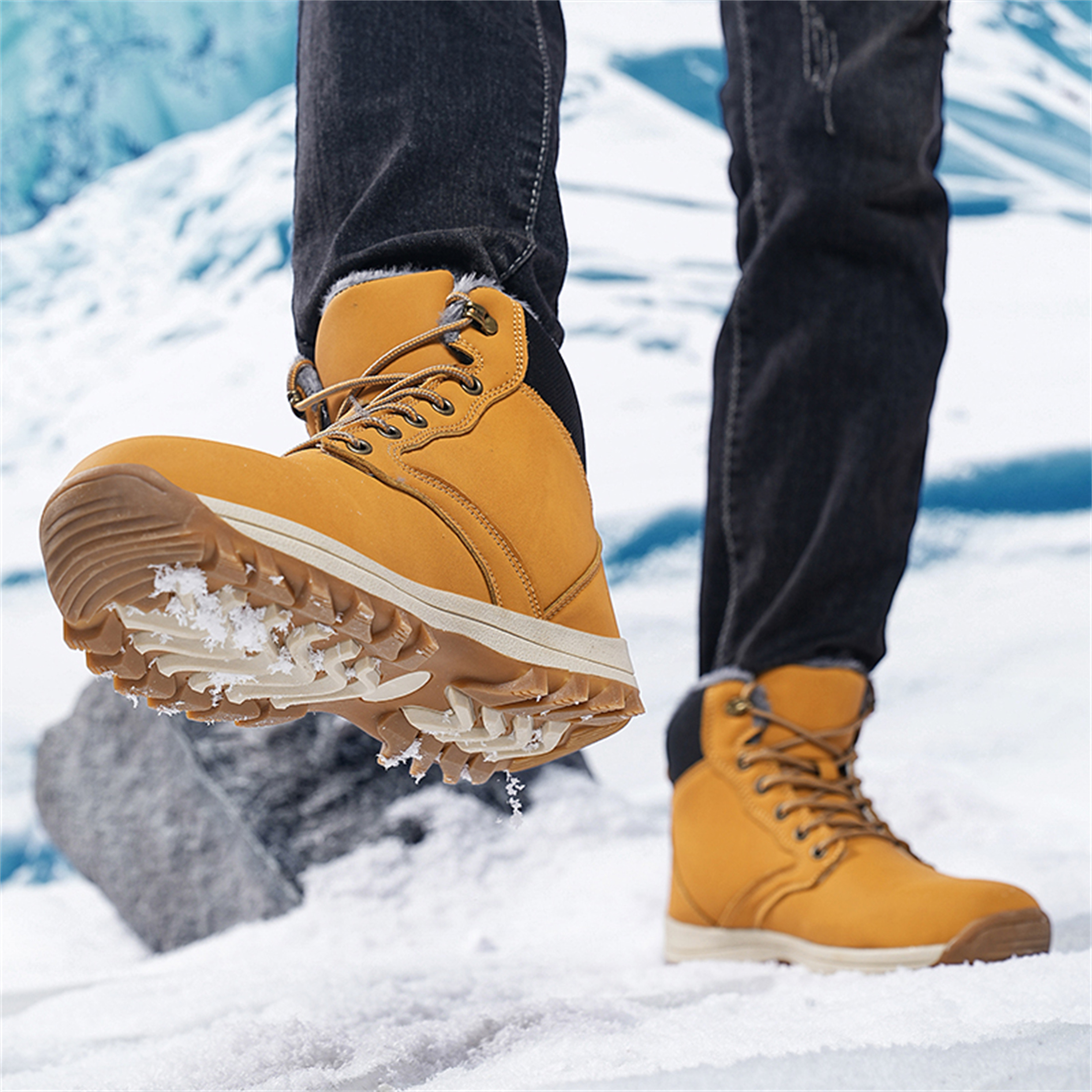 LASUDRAA Mens Snow Boots Winter Warm Waterproof Hiking Shoes Insulated Fur Liner