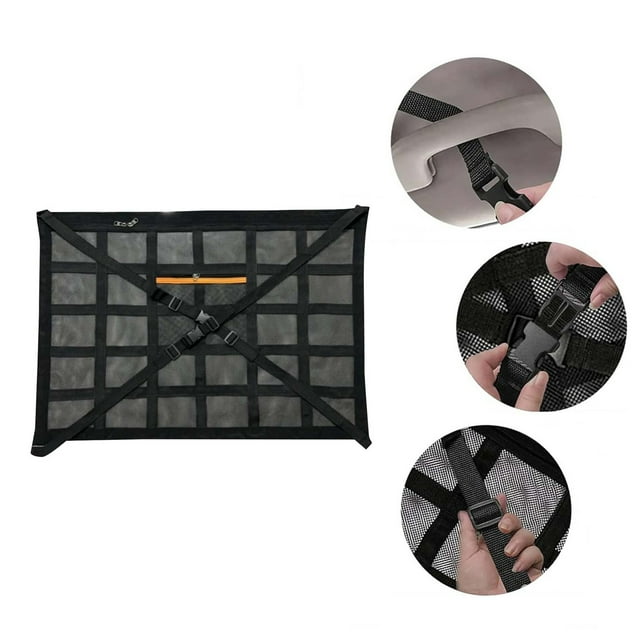 Sac de Rangement pour Fournitures de Voiture Double Fermeture Éclair Filet de Toit Filet de Plafond Sac de Rangement Filet de Voiture Poche 30 Grilles Orange Double Poche