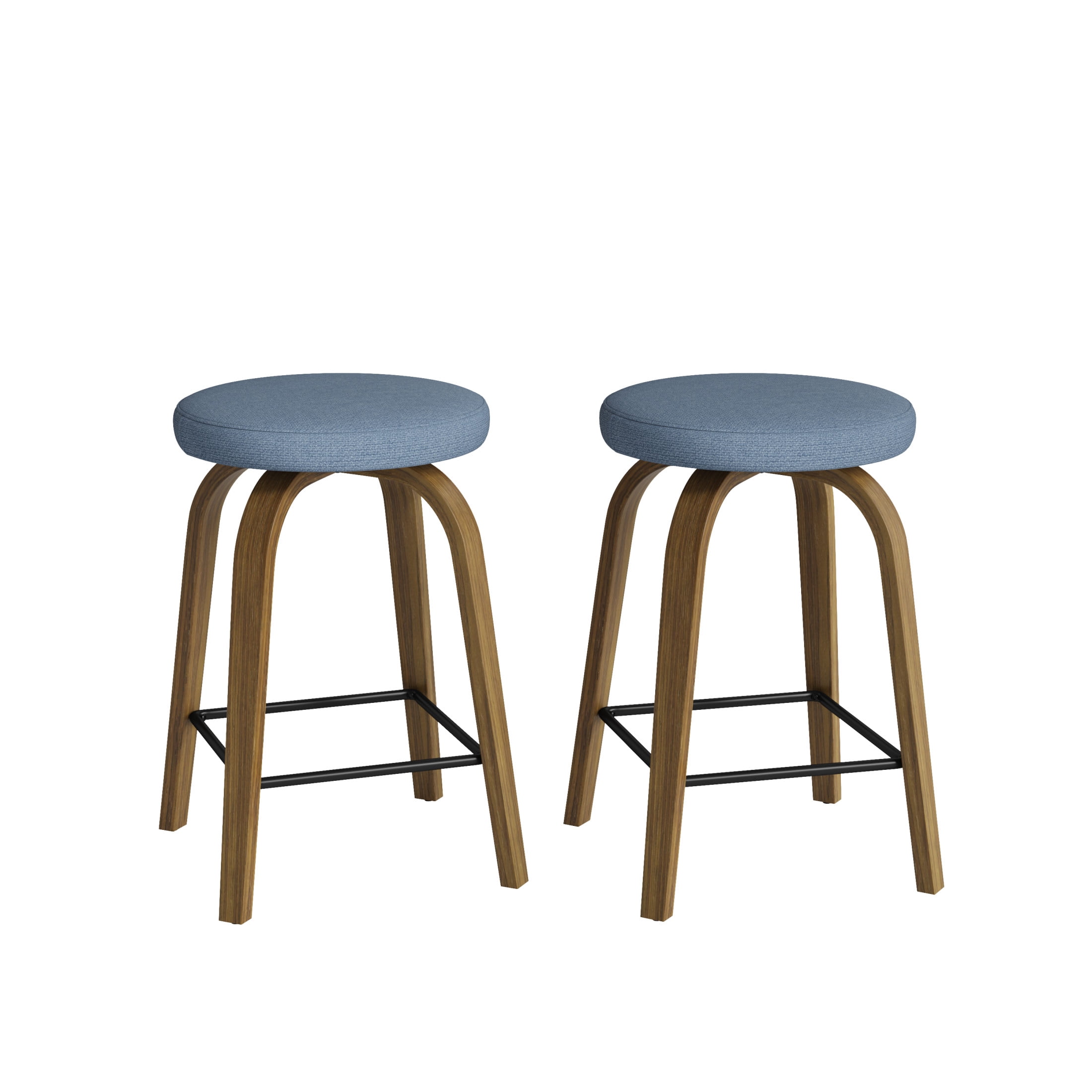 Noble House Florin 26" Swivel Backless Counter Height Bar Stools with Upholstered Seat & Bentwood Legs, Blue, Set of 2