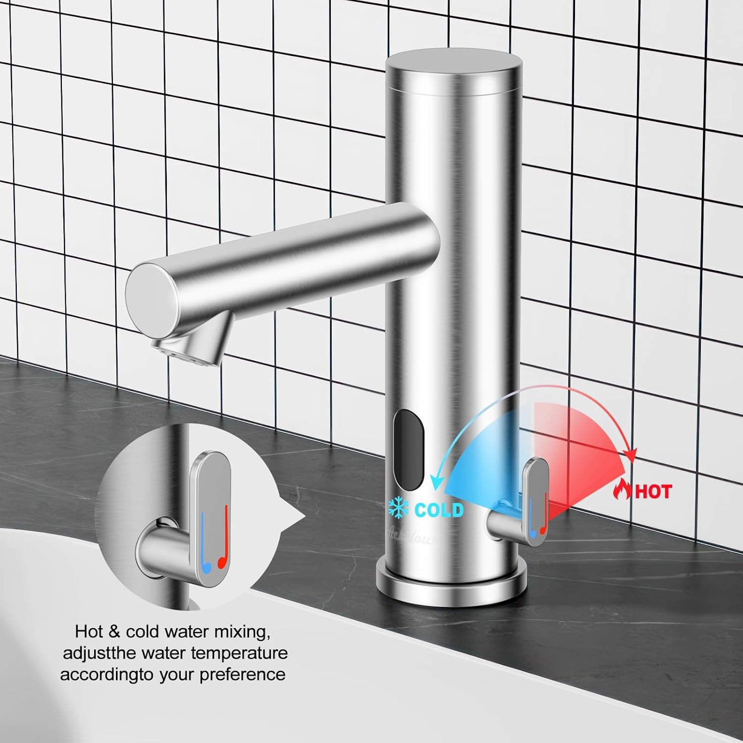 Achelous stainless steel automatic touchless bathroom sink faucet, hands free infrared sensor basin faucet with temperature control, battery powered sensor bathroom tap
