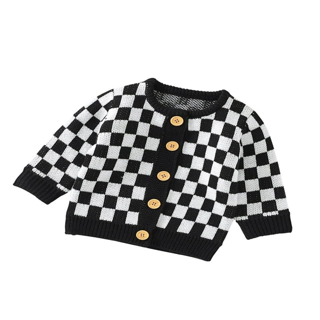 Infant Baby Boy Girl Autumn Winter Sweater Checkerboard Pattern Long Sleeve Round Neck Pullover Button-Down Knitwear Cardigan