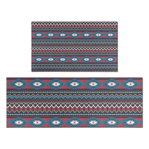 Blue Geometric and Striped Pattern Kitchen Rugs Sets Of 2,Anti Fatigue Kitchen Mat Rugs Non Slip Washable,Decorative Kitchen Floor Mats for Kitchen,Sink,Laundry,17"x30" 17"x47"