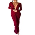 thumbnail image 2 of Femmes Robe Longue Bodycon Couleur Unie Robe à Manches Longues Robe de Soirée, 2 of 5