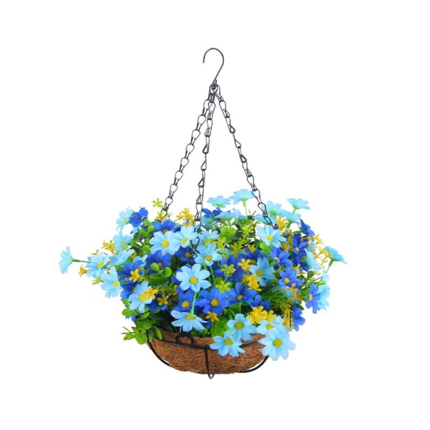 Ounissouiy Hermosa cesta colgante de flores simuladas a la venta cestas colgantes flores artificiales decoración de lavabo colgante de hierro Flores artificiales flor azul U3-8