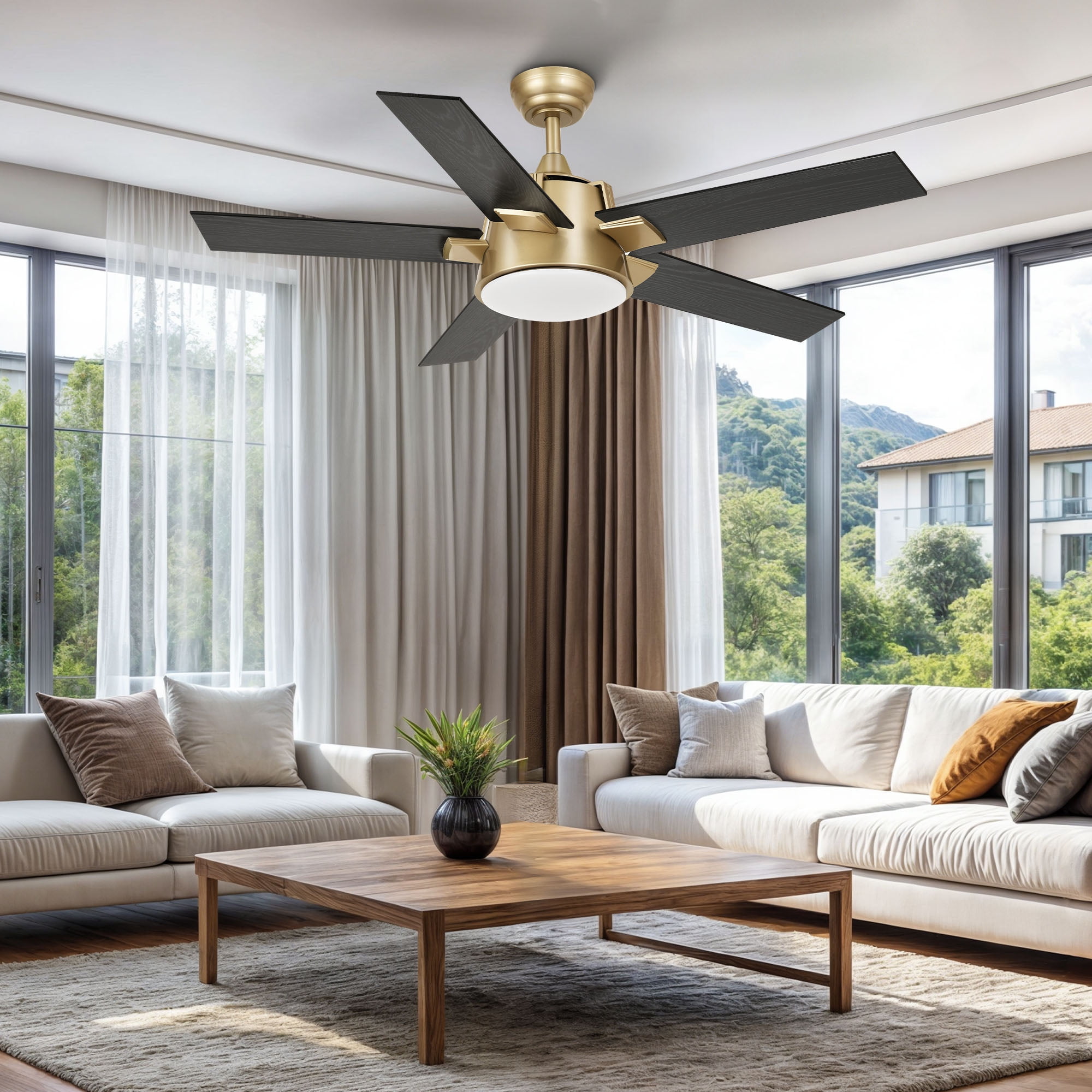 Dextrus 52in Modern Black Gold Ceiling Fan with Light and Wall Switch Remote, 6-Speed 5 Blades Memory Function for Bedroom Living Room Patio