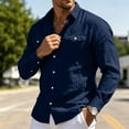 thumbnail image 2 of YLSDY Men's Linen-Blend Long Sleeve Shirt, Button-Down Collared Top with Chest Pocket, Casual Summer Style Navy M, 2 of 7