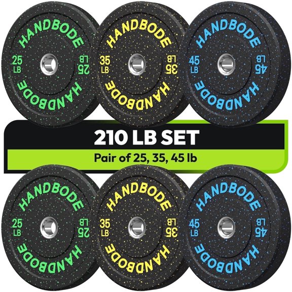 HANDBODE 210 LB Colored High-Bounce Crumb Rubber Olympic Bumper Plates Set