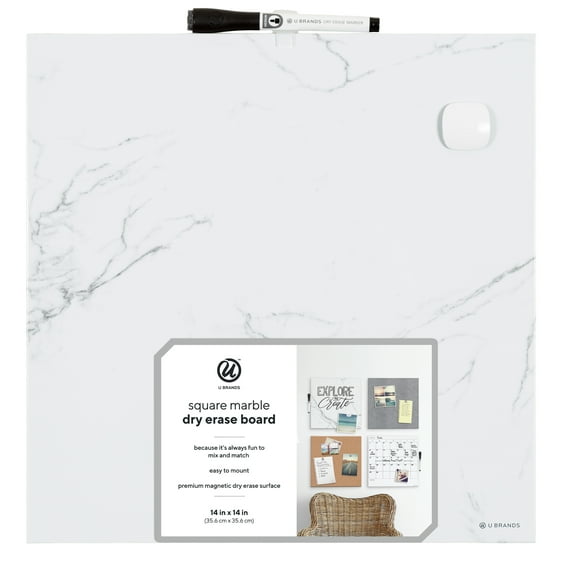 U BRANDS Square Magnetic Dry Erase Whiteboard, 14 x 14 in., Gray and White Marble