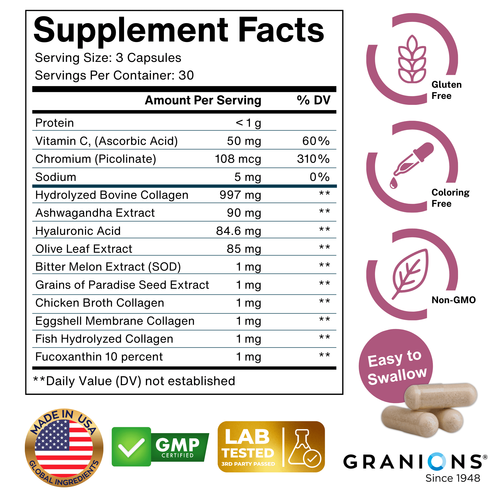 Granions Thermogenic Hydrolyzed Collagen Burn - Hyaluronic Acid, Vitamin C - Cellulite Defense and Dermal Repair Multi Collagen Peptides Capsules for Women and Men - 90 Pills