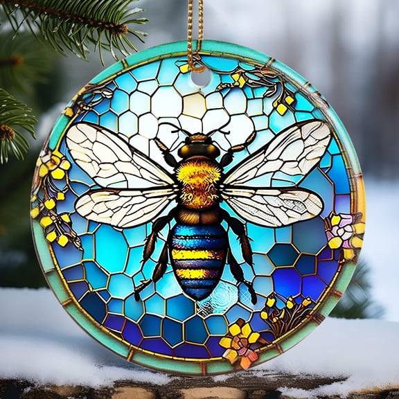 Bee Ornament, Christmas Ornament, Christmas Decoration, Holiday Present Idea, Heirloom Keepsake, Round Ceramic, Gift Exchange, Bauble Present, Gift Idea, Bee
