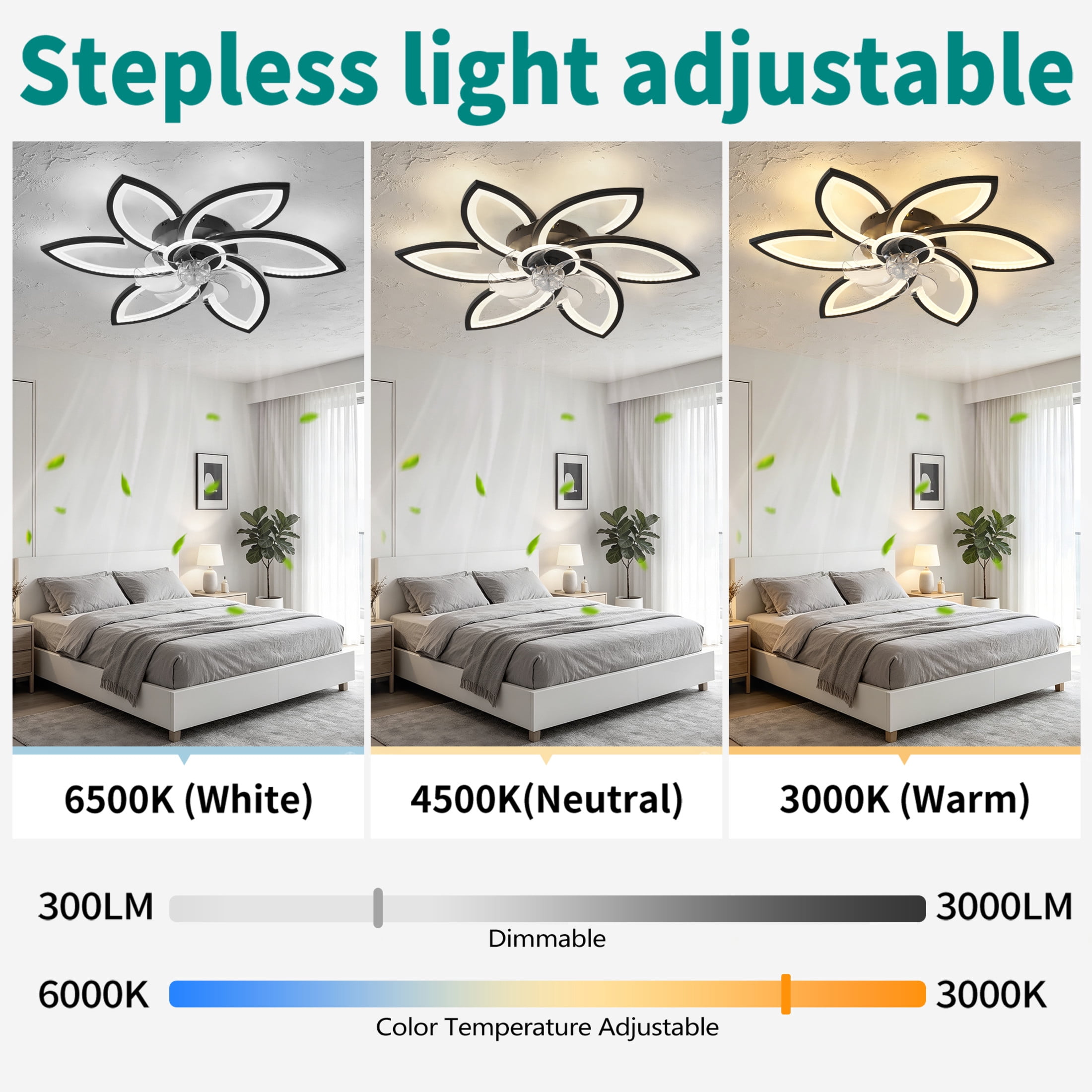 GDF Studio 6-Head Flower Ceiling Fan with LED Lights, Remote & App Control, Low Profile Fandelier for Home Decor, Black