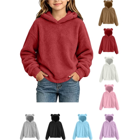 Big Kids Pullover Hoodie, Cozy Fuzzy Bear Ear Hooded Top with Pockets, Relaxed‑Fit Warm Casual Long Sleeve Winter Outerwear for 5‑15Y