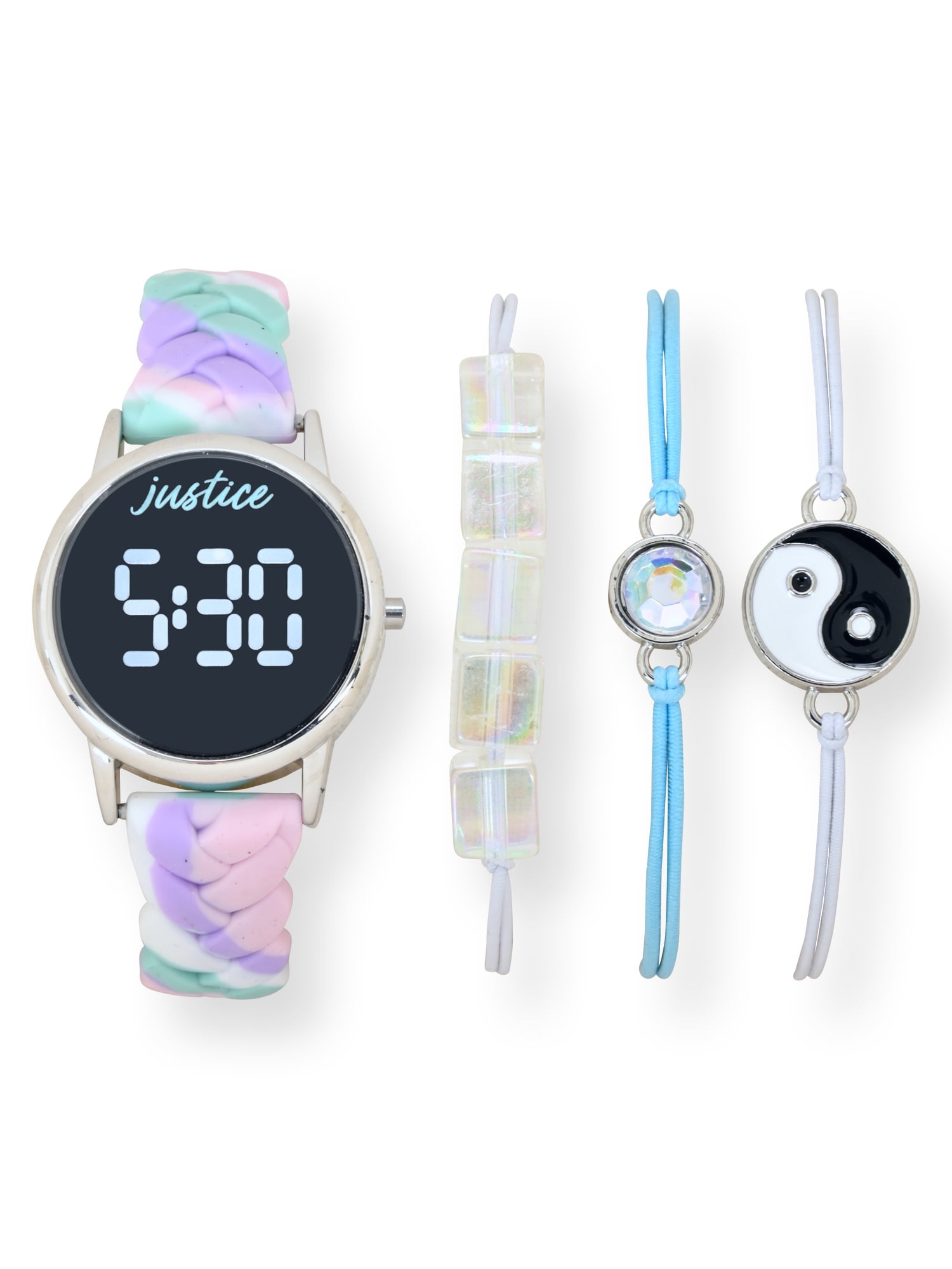 Justice Unisex 4pc Set with Braided Strap Watch and Matching Yin Yang