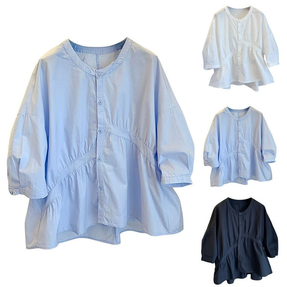 3/4 Sleeve Button Down Shirts for Women 2023 Cute Solid V Neck Ruffled Hem Blouse Trendy Loose Fit Holiday Beach Tops