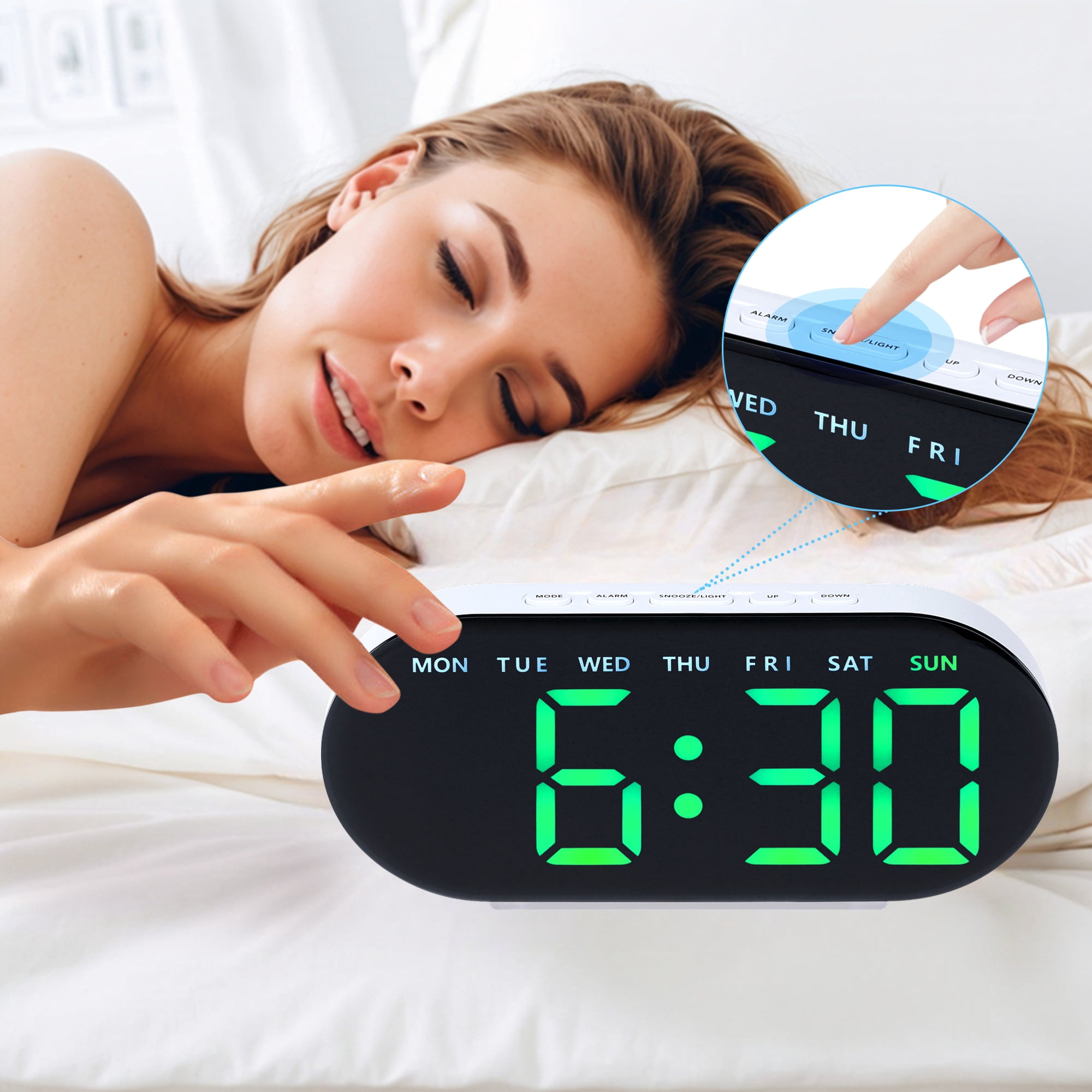 Unique Bargains Oval Digital Alarm Clock Bedroom White Green